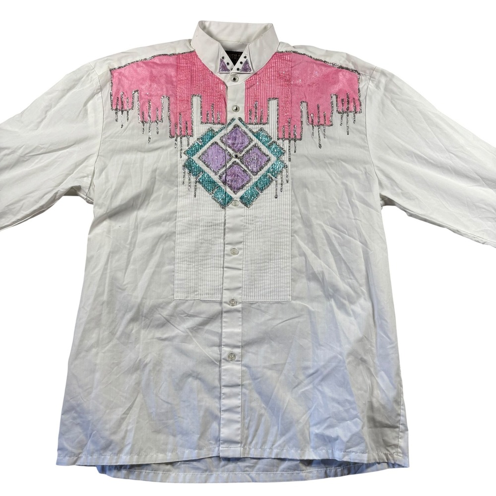 VTG Western Shirt M White Pink Pintuck Tuxedo Button Up Perruzo Uomo Rodeo 90s - Picture 2 of 11